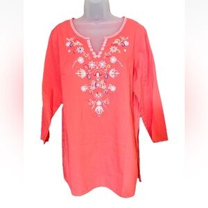 Sweet Magnolia Women's L Embroidered Beaded Boho Tunic Coral Cotton 3/4 Sleeve